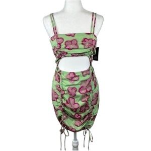 Wild Fable Green & Pink Cut-Out Ruched Mini Dress Size L NWT